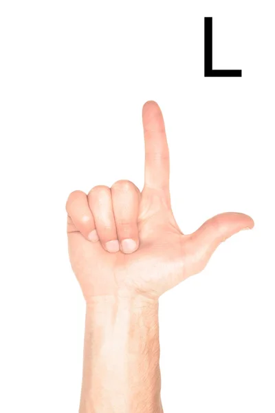Vista recortada de la mano masculina que muestra la letra latina - L, lenguaje sordo y mudo, aislado en blanco - foto de stock