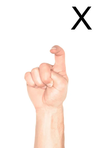 Partial view of male hand showing latin letter - X, deaf and dumb language, isolated on white — Stock Photo