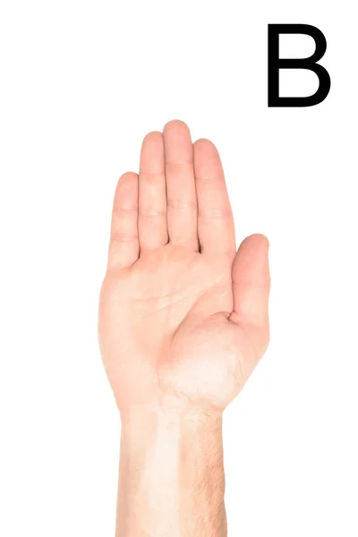 Vue partielle de l'homme montrant la lettre cyrillique, langue des signes, isolé sur blanc — Photo de stock
