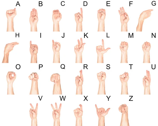 Ensemble de langage des signes avec des mains masculines et des lettres latines, isolé sur blanc — Photo de stock