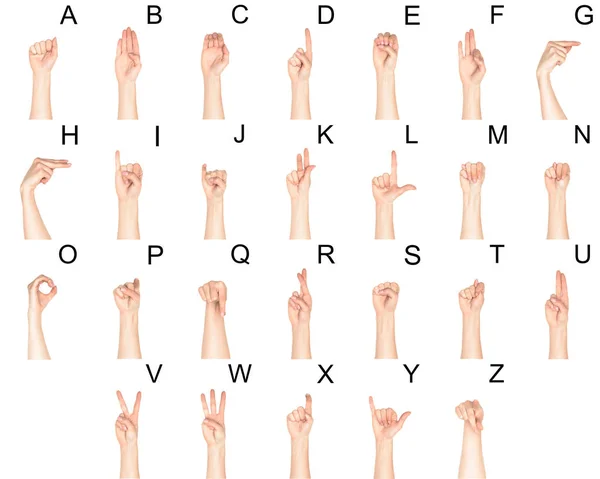 Набор глухих и немых слов с женскими руками и латинским алфавитом, изолированный на белом — стоковое фото