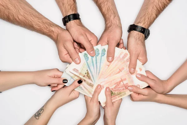 Partial view of group sharing Russian banknotes isolated on grey — Stock Photo