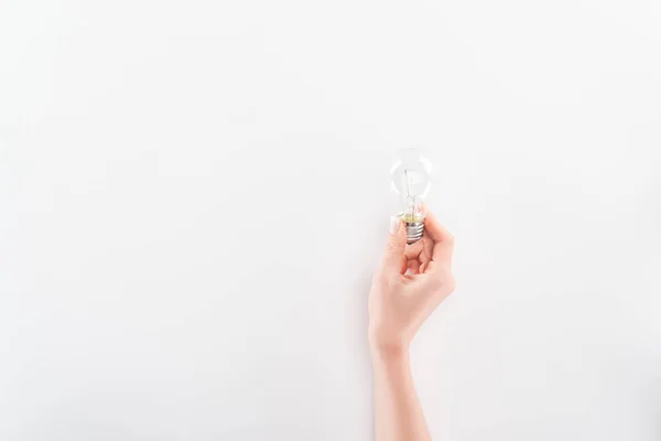 Partial view of woman holding bulb on grey background — Stock Photo