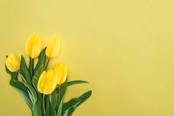 Vista superior del ramo con tulipanes amarillos aislados en amarillo - foto de stock