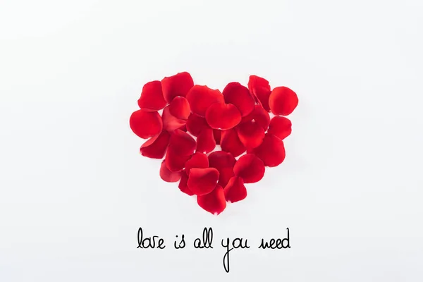 Вид зверху на серце з пелюсток червоної троянди ізольовані на білому, концепція дня святого Валентина з написом 