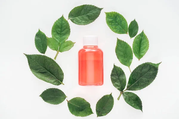 Vue de dessus de la composition circulaire avec feuilles vertes et bouteille avec lotion orange isolée sur blanc — Photo de stock