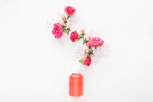 Вид зверху композиції з трояндами бутонами, ягодами, пелюстками і пляшкою з апельсиновим лосьйоном на білому тлі — стокове фото