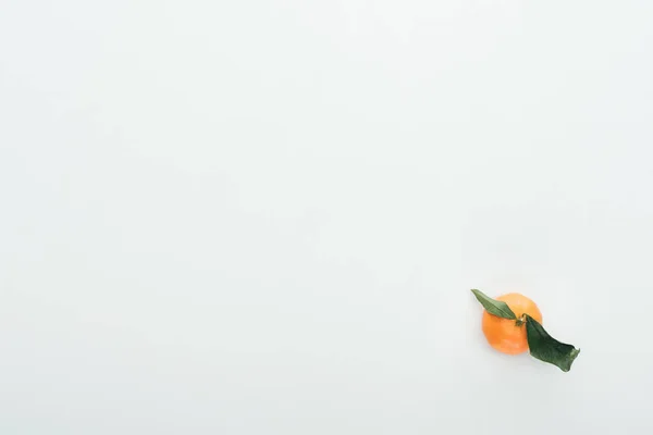 Bright ripe orange tangerine with green leaves on white background with copy space — Stock Photo