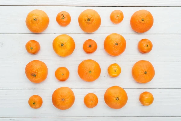 Flat lay com tangerinas maduras grandes e pequenas em fundo branco de madeira — Fotografia de Stock