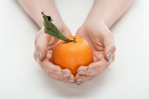 Vista parcial de la mujer sosteniendo mandarina entera sin pelar madura con hoja sobre fondo blanco - foto de stock