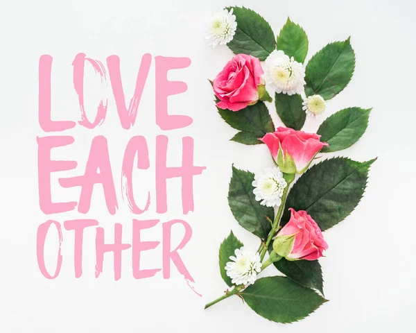 Ansicht von oben der Blume Zusammensetzung und Liebe einander Illustration auf weißem Hintergrund — Stockfoto