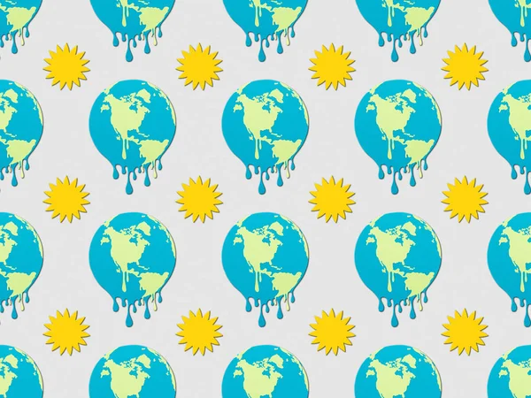 Muster mit schmelzender Erde und Sonnenzeichen auf grauem Hintergrund, Konzept der globalen Erwärmung — Stockfoto