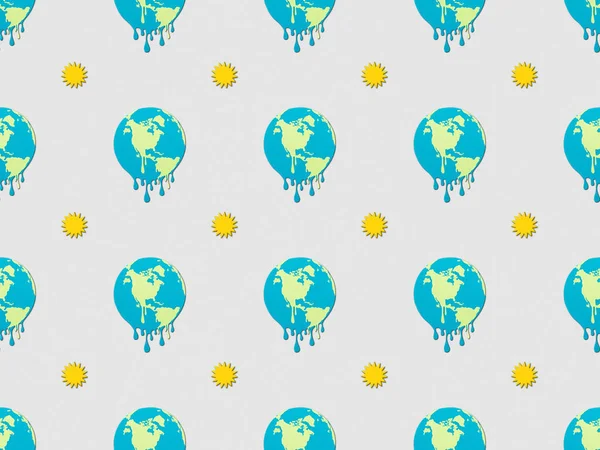 Modello con globi in fusione e segni di sole su sfondo grigio, concetto di riscaldamento globale — Foto stock