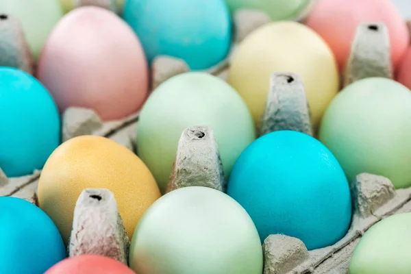 Close up of colorful pastel easter eggs in paper containers — Stock Photo