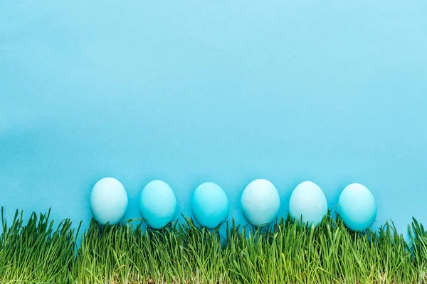 Top view of painted easter eggs on grass isolated on blue — Stock Photo