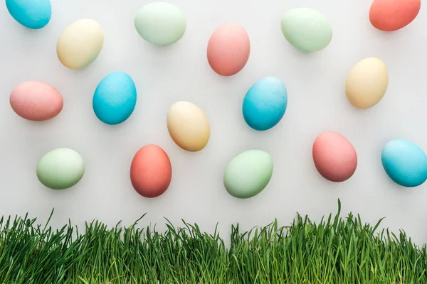 Top view of painted pastel easter eggs isolated on grey with grass — Stock Photo