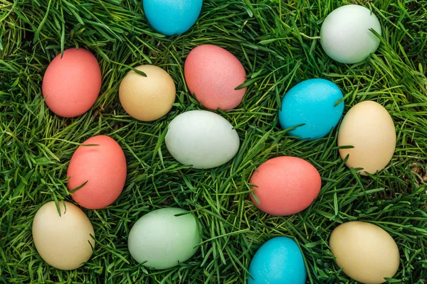 Top view of traditional colorful easter eggs on green grass — Stock Photo