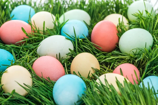 Primer plano de coloridos huevos de Pascua sobre hierba verde - foto de stock