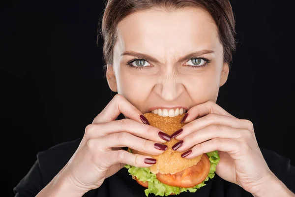 Donna arrabbiata mangiare gustoso hamburger di pollo mentre guardando la fotocamera isolata su nero — Foto stock