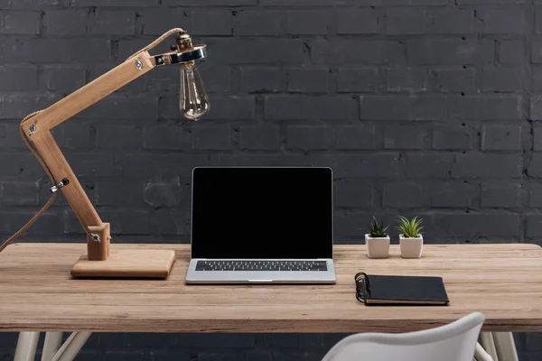 Современное рабочее место с ноутбуком с чистым экраном, растениями, лампой и ноутбуком на деревянном столе — стоковое фото