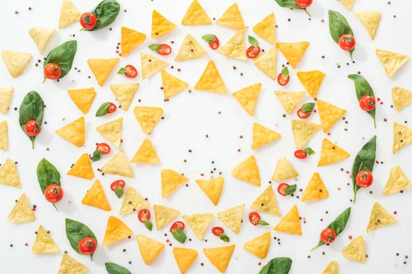 Flat lay with tasty nachos, spices and sliced chili peppers with basil and whole cherry tomatoes — Stock Photo