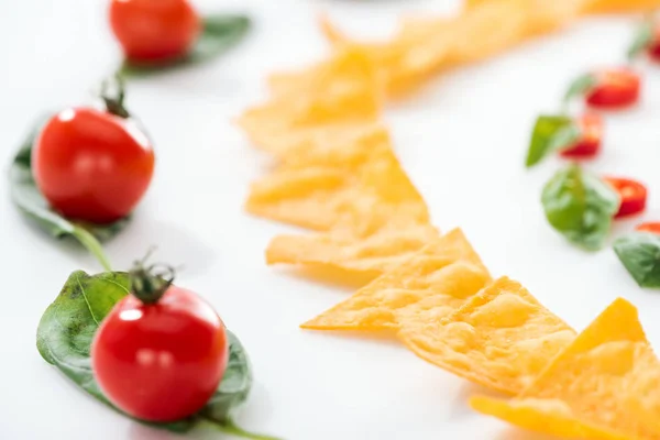 Selective focus of tasty nachos and cherry tomatoes with basil on white background — Stock Photo