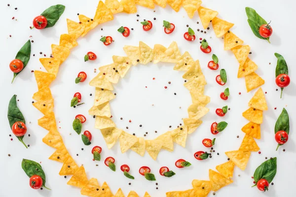 Вид на вкусные начос, специи и нарезанный перец чили с базиликом и спелыми помидорами черри — стоковое фото