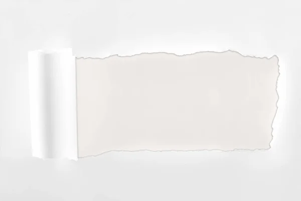 Rasgado papel branco texturizado com borda rolada sobre fundo branco — Fotografia de Stock
