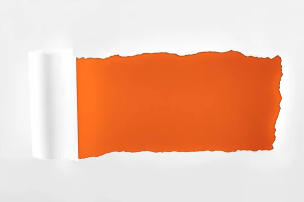 Papel blanco texturizado deshilachado con borde enrollado sobre fondo naranja profundo - foto de stock