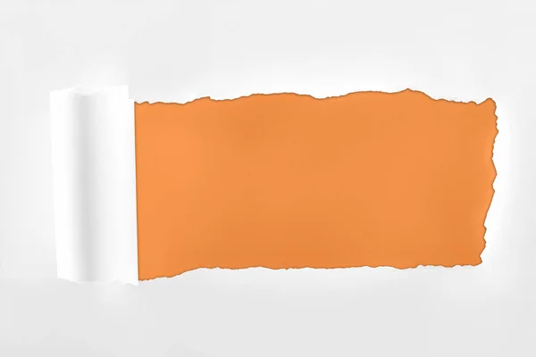 Papel branco texturizado esfarrapado com borda rolada sobre fundo laranja — Fotografia de Stock