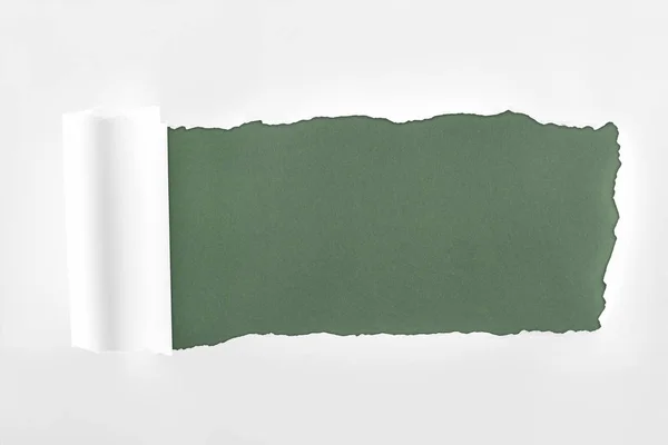 Papel branco texturizado esfarrapado com borda rolada sobre fundo verde escuro — Fotografia de Stock