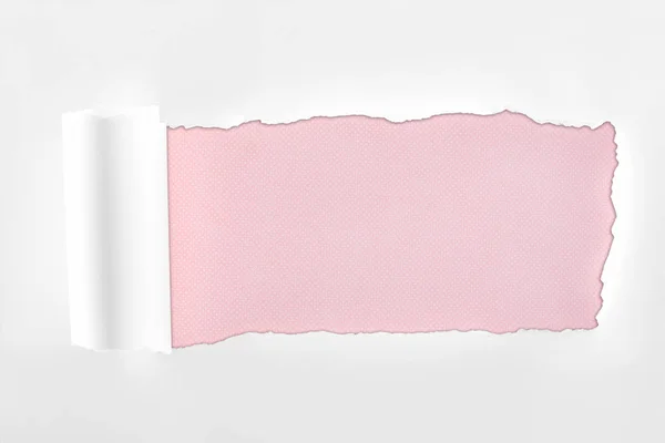 Papier blanc texturé déchiqueté avec bord roulé sur fond rose — Photo de stock