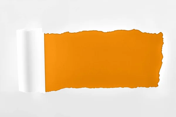 Papel texturizado andrajoso con borde enrollado sobre fondo naranja - foto de stock
