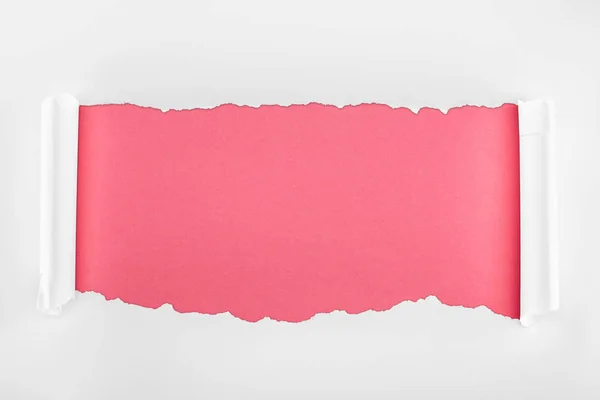 Papel texturizado blanco rasgado con bordes rizados sobre fondo rosa - foto de stock