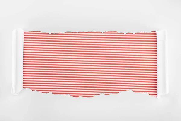 Ripped white textured paper with curl edges on red striped background — Stock Photo