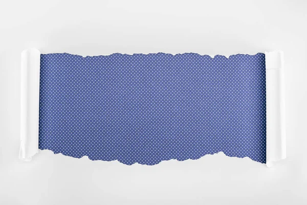 Ripped white textured paper with curl edges on purple dotted background — Stock Photo