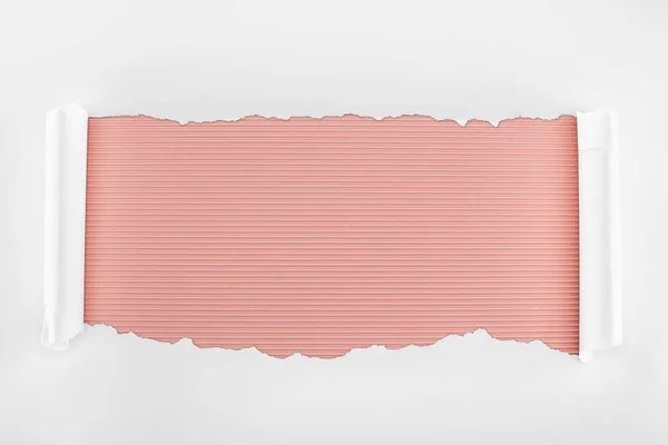 Papel texturizado blanco rasgado con bordes rizados sobre fondo rayado rosa - foto de stock