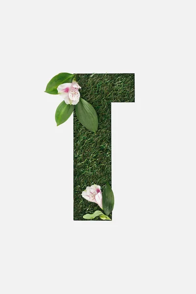 Cut out cyrillic letter made of green grass with blooming Alstroemeria flowers isolated on white — Stock Photo