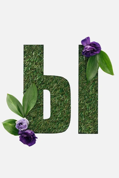 Ausgeschnittener Buchstabe aus kyrillischem Alphabet aus frischem grünen Gras mit violetten Blüten und Blättern isoliert auf weißem Grund — Stockfoto