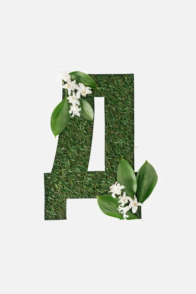 Vue du haut de la lettre de l'alphabet cyrillique faite d'herbe verte naturelle avec des feuilles et des fleurs blanches isolées sur blanc — Photo de stock