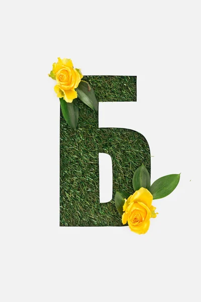Верхний вид кириллической буквы с натуральной травой на заднем плане и желтые розы с зелеными листьями изолированы на белом — стоковое фото