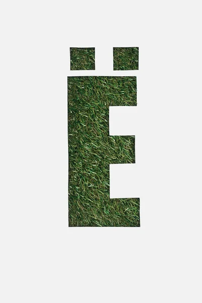 Top view of cut out cyrillic letter with natural grass on background isolated on white — Stock Photo