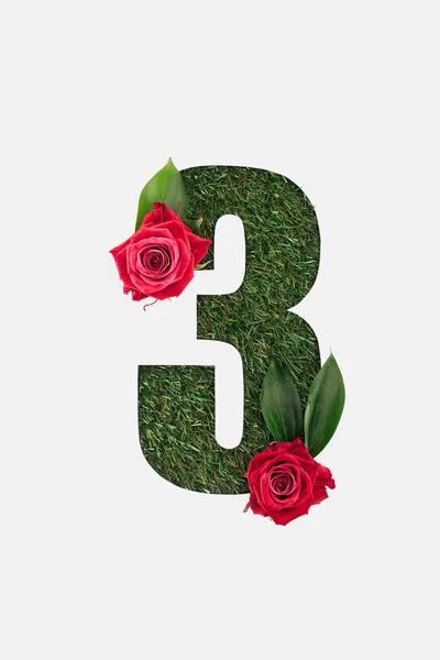 Vue du dessus de lettre cyrillique avec gazon naturel sur fond et roses rouges avec feuilles vertes isolées sur blanc — Photo de stock