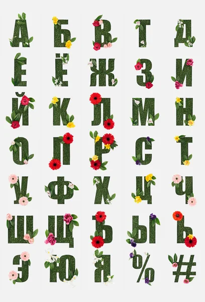 Кириллические буквы из русского алфавита из зеленой травы со свежими листьями и цветущими цветами, изолированными на белом — стоковое фото