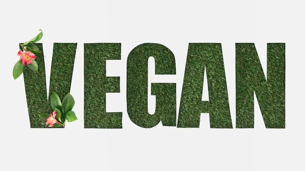 Draufsicht auf ausgeschnittenen veganen Schriftzug auf grünem Grashintergrund mit Alstromerieblüten und Blättern isoliert auf weißem Hintergrund — Stockfoto