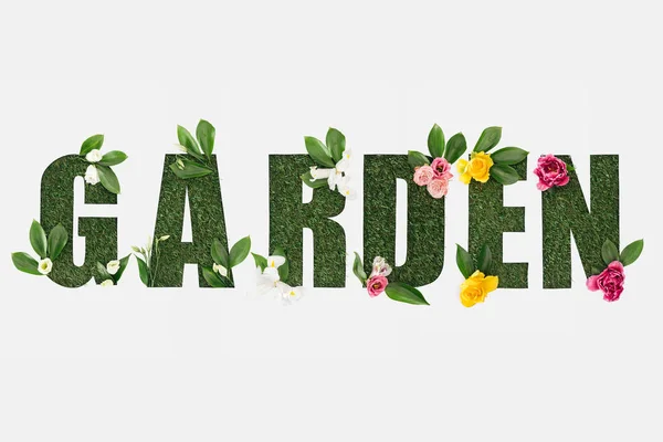 Vista dall'alto di ritagliato lettering giardino su erba verde con fiori isolati su bianco — Foto stock