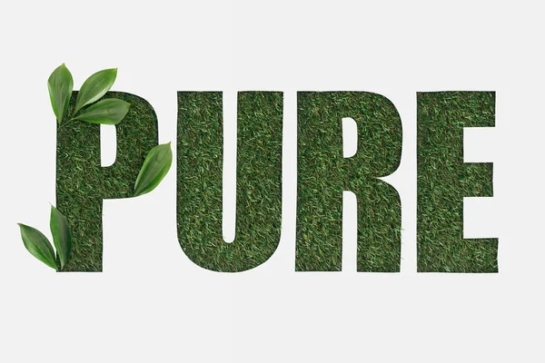Top view of cut out pure lettering on green grass with leaves isolated on white — Stock Photo