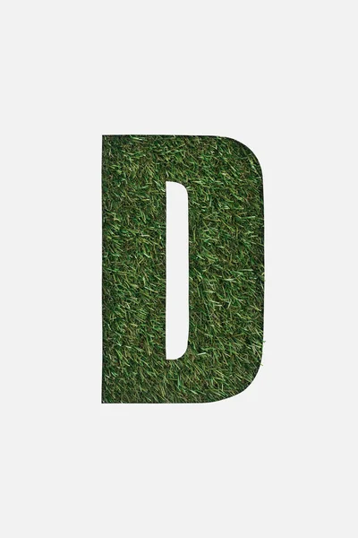 Vista dall'alto di tagliato lettera D su sfondo erba verde isolato su bianco — Foto stock