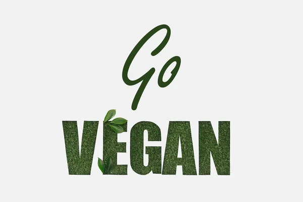 Vista dall'alto di verde andare lettering vegan con foglie isolate su bianco — Foto stock