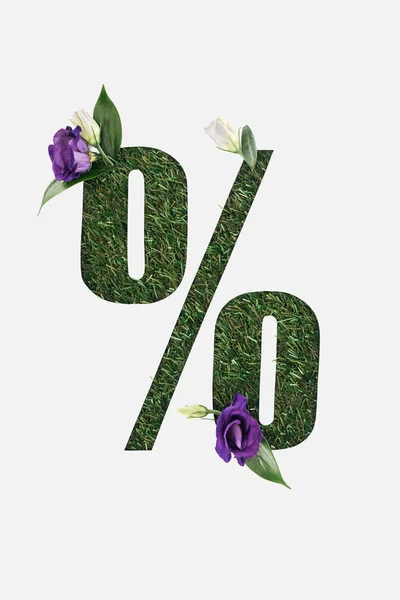 Vue du haut du panneau de pourcentage découpé sur fond d'herbe verte avec des feuilles vertes et des fleurs violettes isolées sur fond blanc — Photo de stock